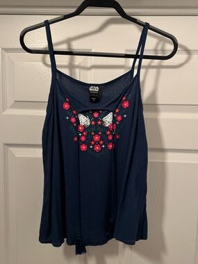 Her Universe Navy Spaghetti Strap Tank with Floral Embroidery